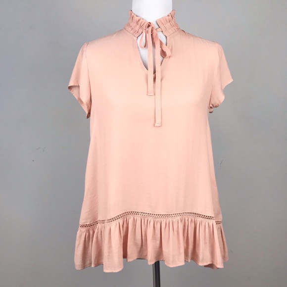 RO & DE Blush Pink Short Slv. Flowy Tie Ruffle Top - Picture 2 of 8